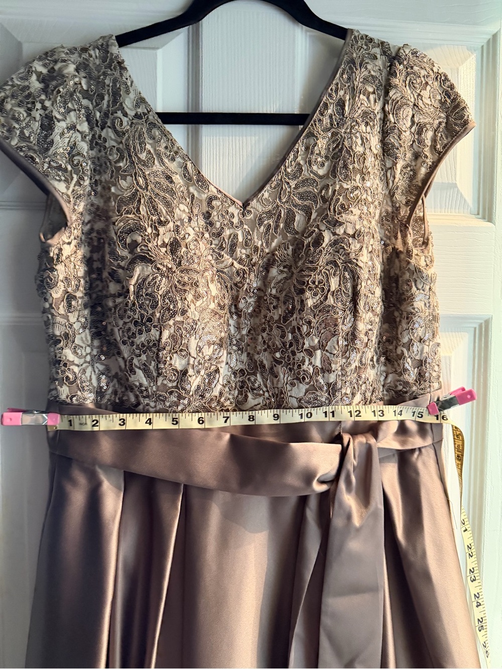 Xscape Taupe Satin Maxi Dress with Embroidered Bodice - Picture 6 of 12